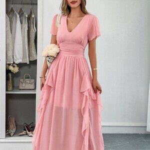 V-Neck Flutter Sleeve Dress | Formal A-Line Dress w/ Zipper Back